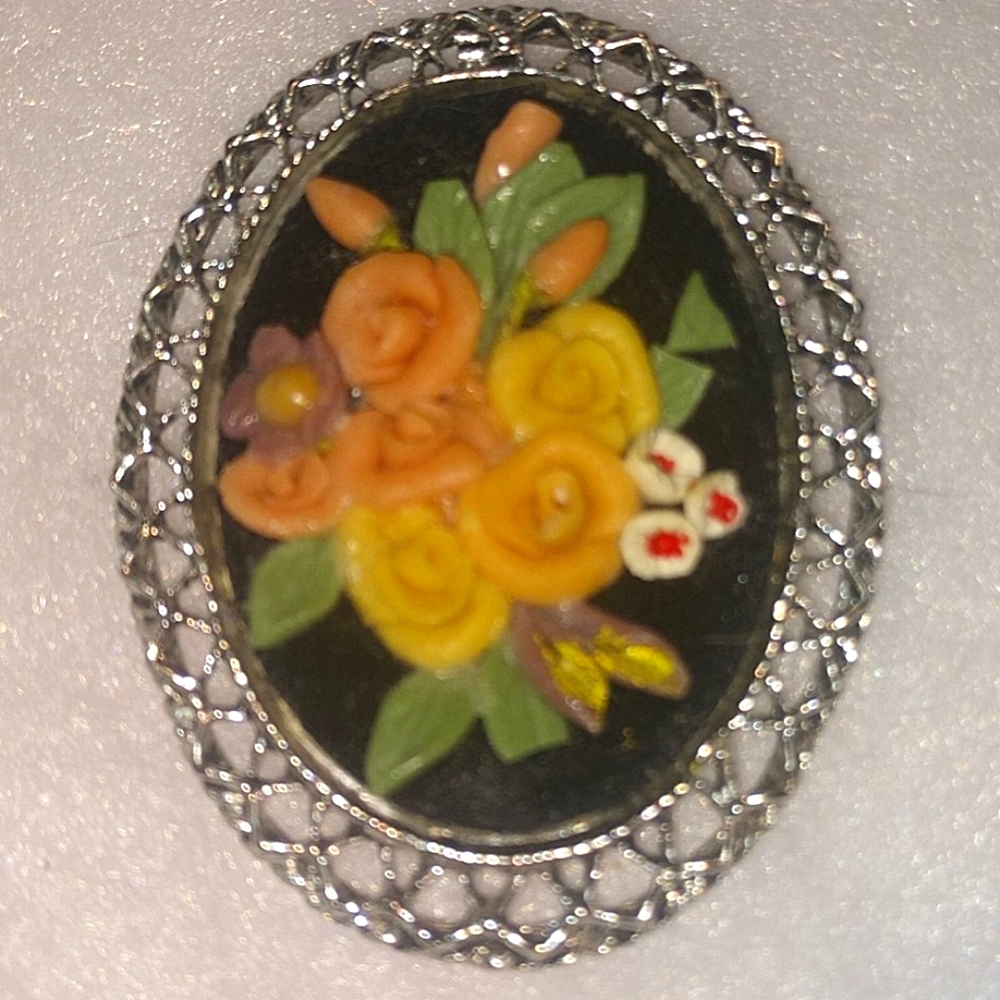 Vintage Estate Find Celluloid Floral Cameo